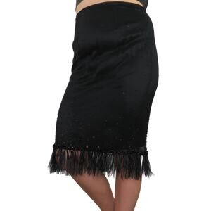 90s Vintage Tahari Black Frayed Tassel Midi Skirt Pencil Skirt with Sequins 29"